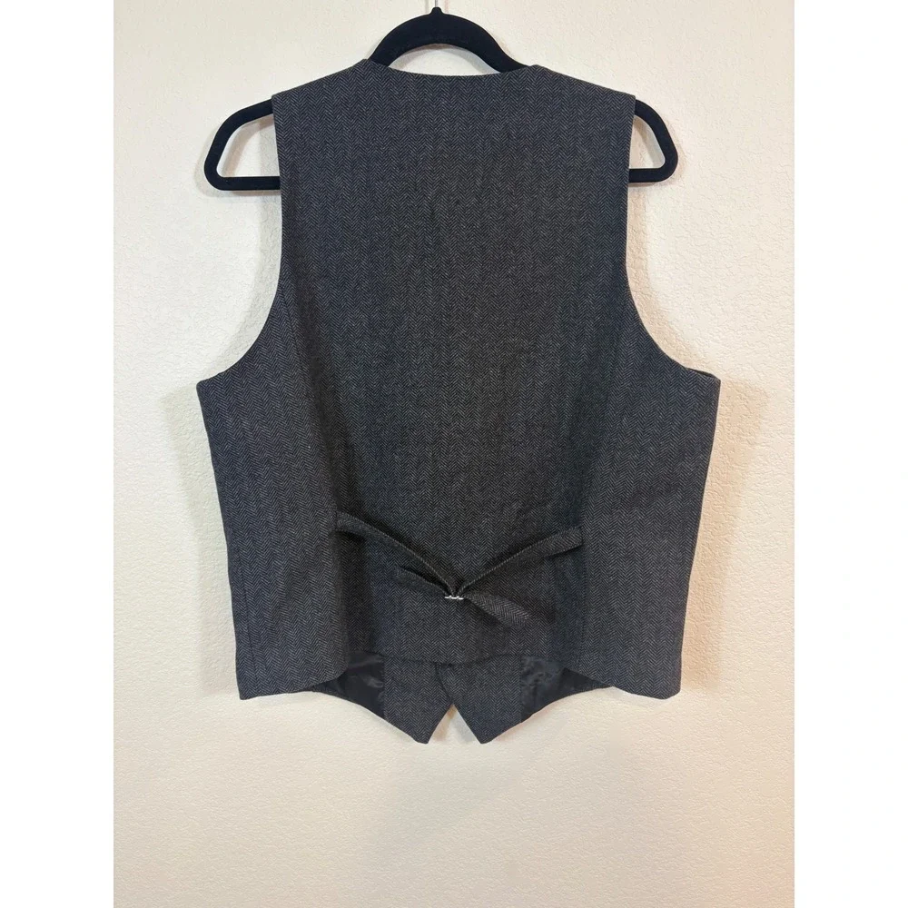 VOBOOM Vest Mens L Grey Wool Blend Herringbone Waistcoat Wedding Office Preppy